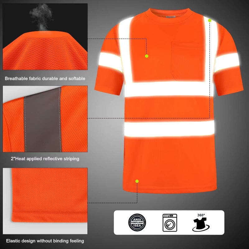 DPSAFETY High Visibility Class 3 T Shirts,Hi Vis Safety Shirts with Reflective Strips and Pocket, Short Sleeve Quick Dry Mesh Construction Work Shirt for Men/Women Orange,5XL - Image 2